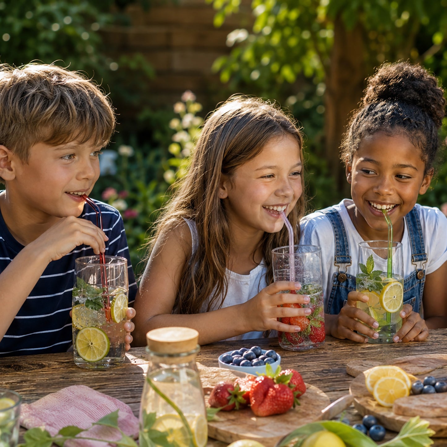 12 Glasstrohhalme bunt - wiederverwendbare Trinkhalme aus Glas mit 2 Reinigungsbürsten (gebogen) – ideal für Kinder - mit bunten Farben