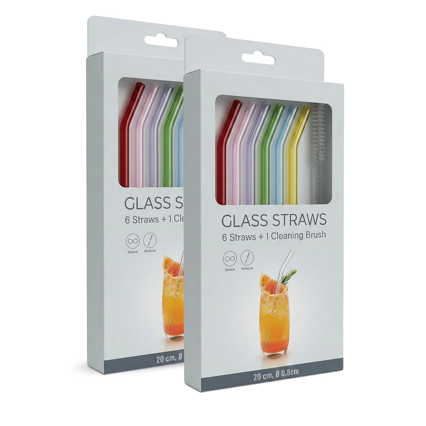 12 Glasstrohhalme bunt - wiederverwendbare Trinkhalme aus Glas mit 2 Reinigungsbürsten (gebogen)