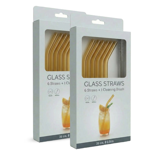 12 Glasstrohhalme gold - wiederverwendbare Trinkhalme aus Glas mit 2 Reinigungsbürsten (gebogen)