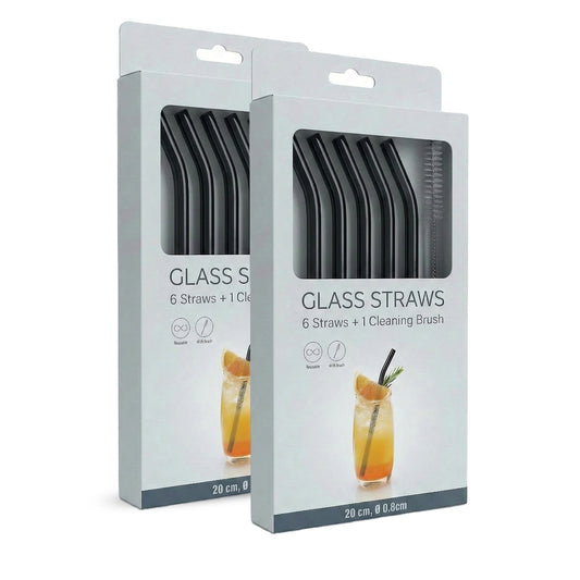12 Glasstrohhalme schwarz - wiederverwendbare Trinkhalme aus Glas mit 2 Reinigungsbürsten (gebogen)
