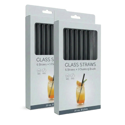 12 Glasstrohhalme schwarz - wiederverwendbare Trinkhalme aus Glas mit 2 Reinigungsbürsten (gerade)