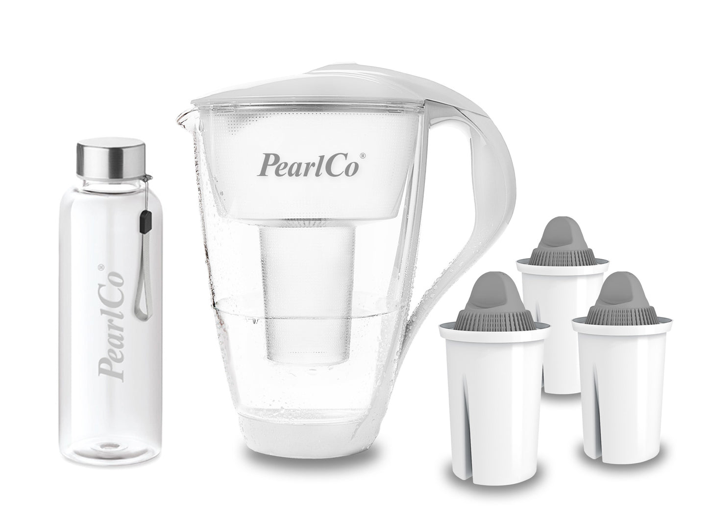 PearlCo Glas Wasserfilter inkl. 3 Kartuschen plus Glasflasche