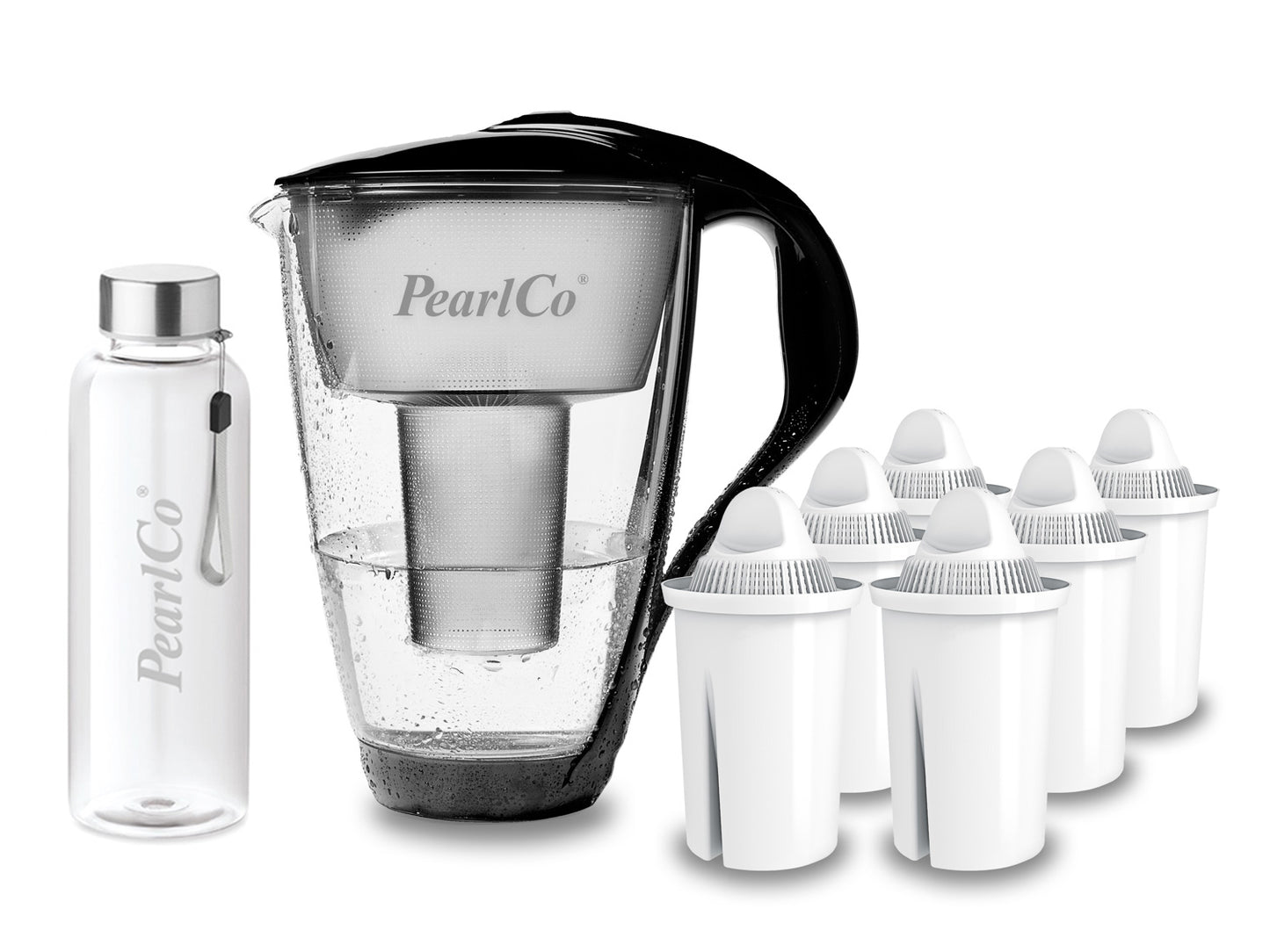 PearlCo Glas Wasserfilter inkl. 6 Kartuschen plus Glasflasche