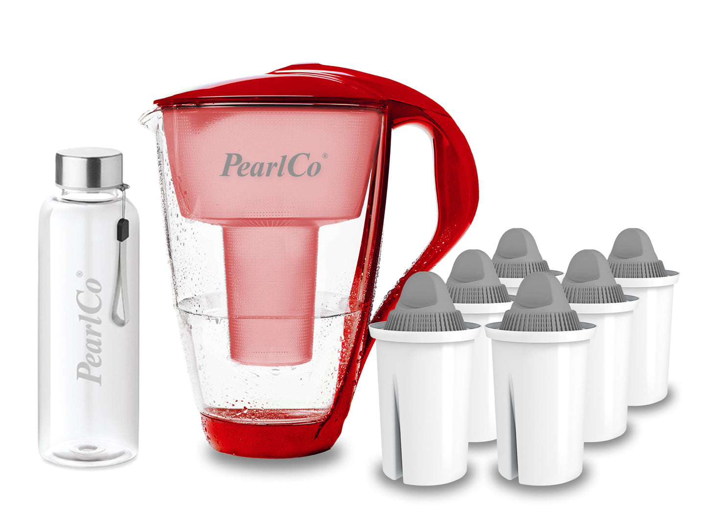 PearlCo Glas Wasserfilter inkl. 6 Kartuschen plus Glasflasche