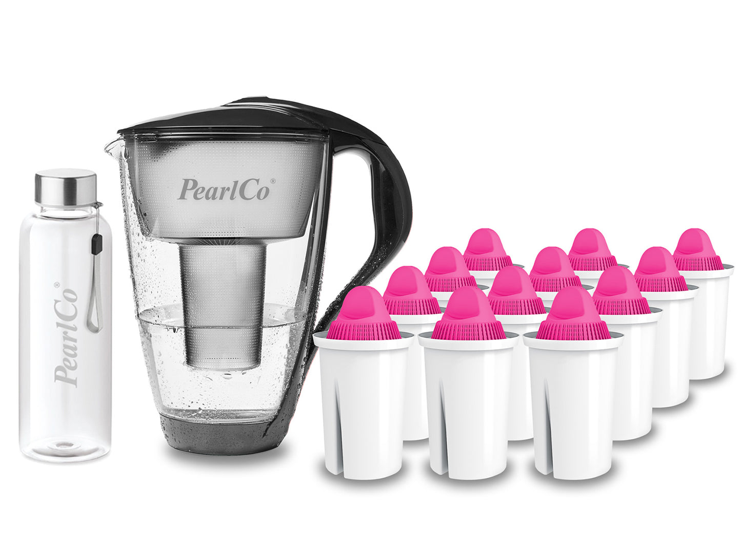 PearlCo Glas Wasserfilter inkl. 12 Kartuschen plus Glasflasche