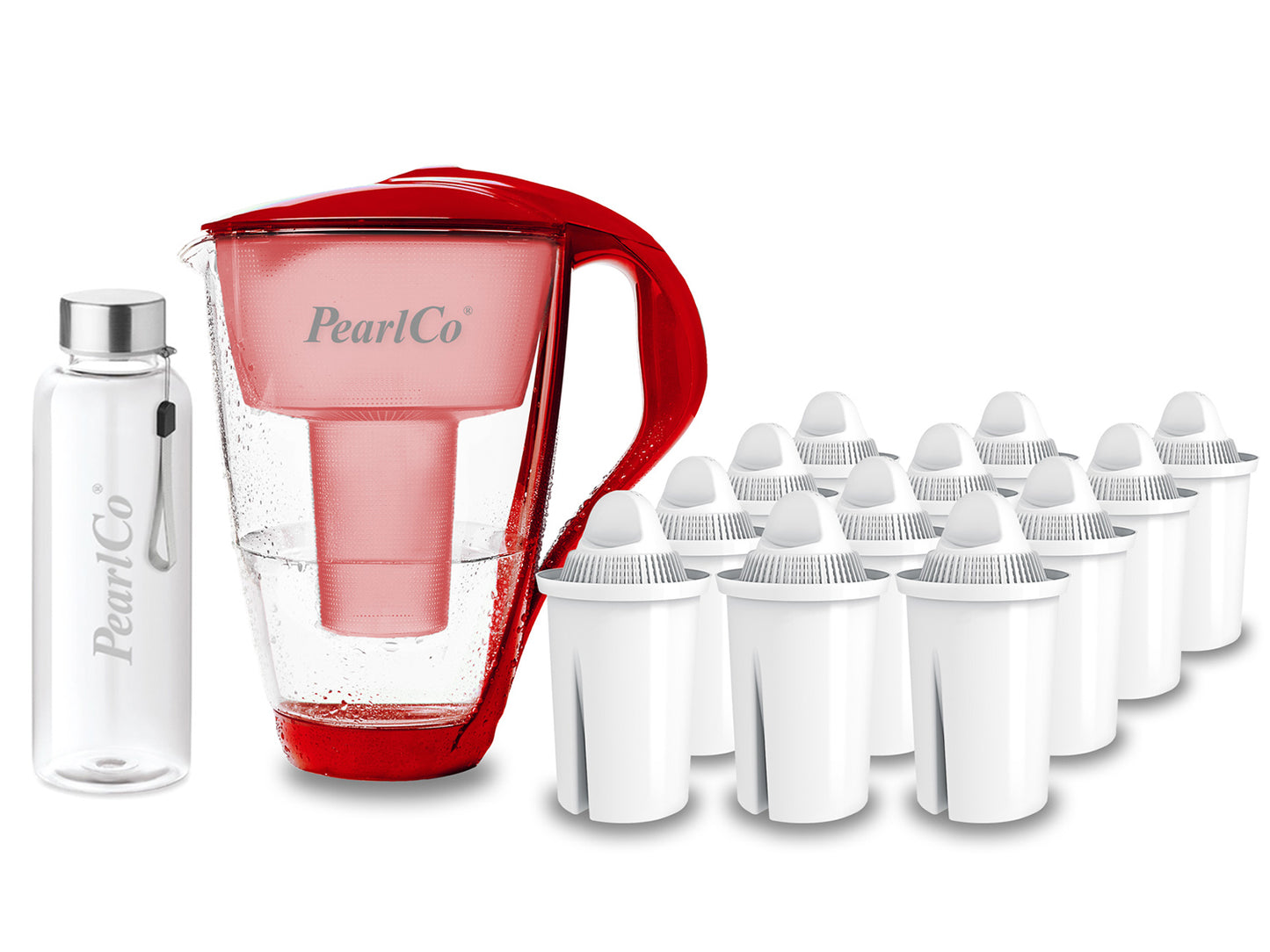 PearlCo Glas Wasserfilter inkl. 12 Kartuschen plus Glasflasche