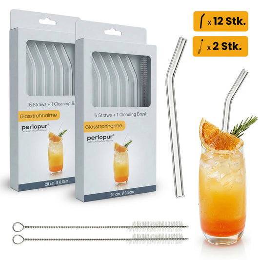 12 Glasstrohhalme  - wiederverwendbare Trinkhalme aus Glas mit 2 Reinigungsbürsten (gebogen)