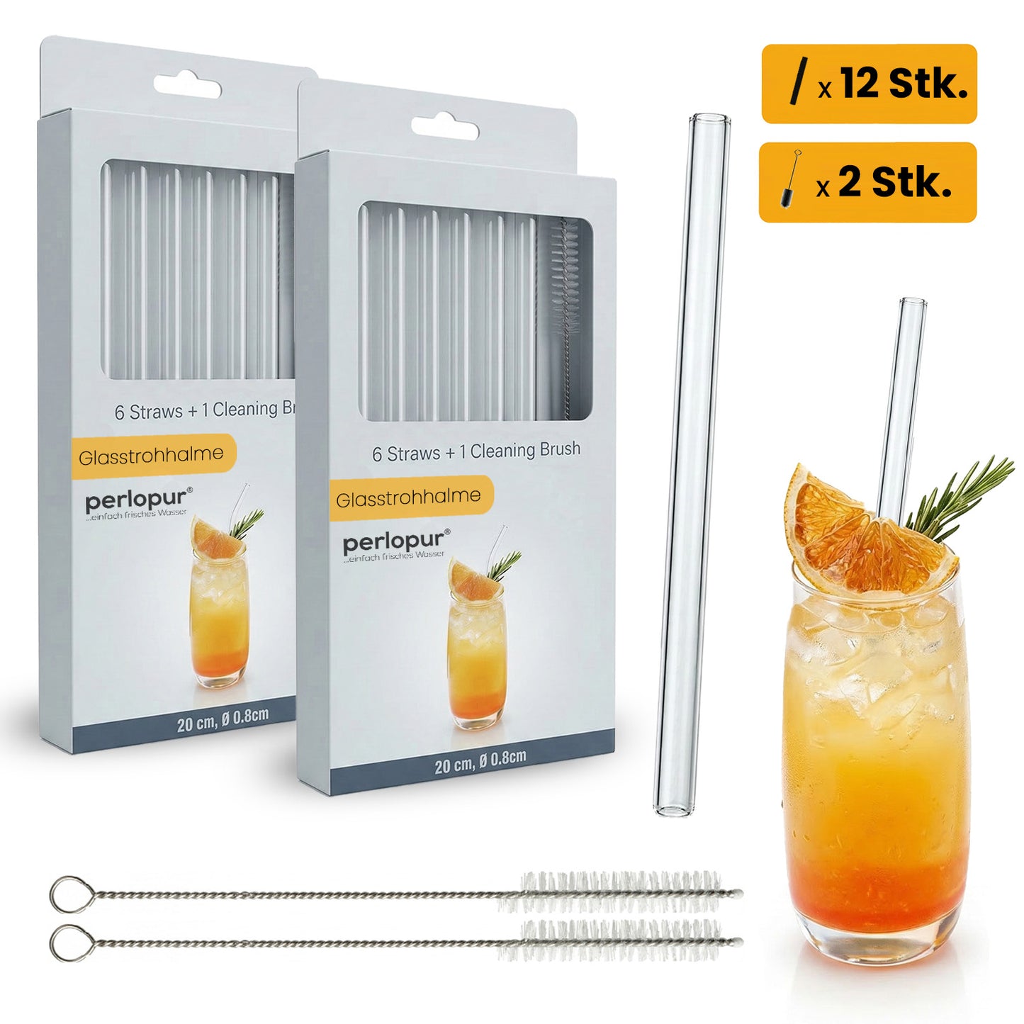 12 Glasstrohhalme  - wiederverwendbare Trinkhalme aus Glas mit 2 Reinigungsbürsten (gerade)