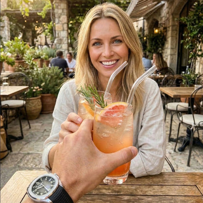 12 Glasstrohhalme  - wiederverwendbare Trinkhalme aus Glas mit 2 Reinigungsbürsten (gebogen)